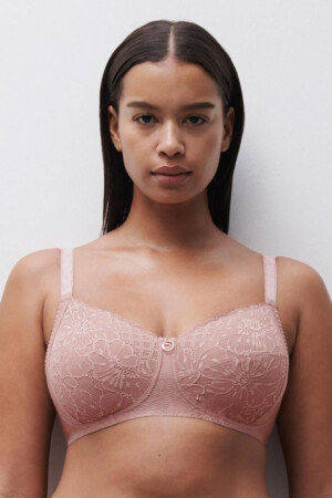 Reggiseno sostenitivo senza ferretto in pizzo floreale e tulle coprente, con dorso ampio e spalline regolabili per un sostegno naturale.